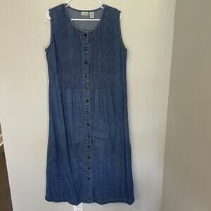 VTG 90s LL Bean Denim Dress 12 Cotton Midi Cottage Prairie Button Up Sleeveless‎